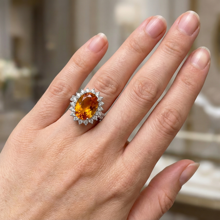 Bague Citrine De Madère En Or Blanc 14K Et Diamants Naturels Extraits des Mines ( et non cultivés en laboratoire ) 22.50 Carats Bijoux