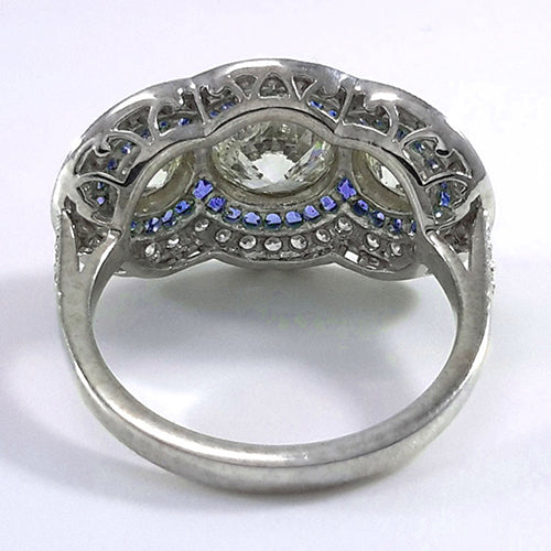 Bague Diamant Rond Taille Ancienne Saphir Bleu 3 Style Pierre 6 Carats