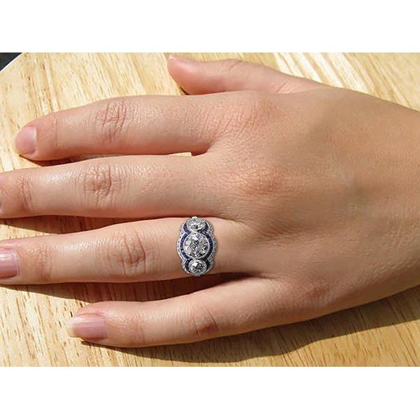 Bague Diamant Rond Taille Ancienne Saphir Bleu 3 Style Pierre 6 Carats