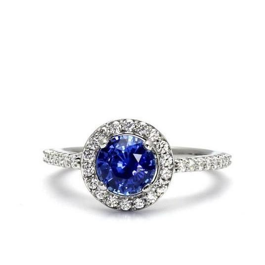 Bague Halo Ronde Saphir Ceylan Diamant Or Blanc 14K