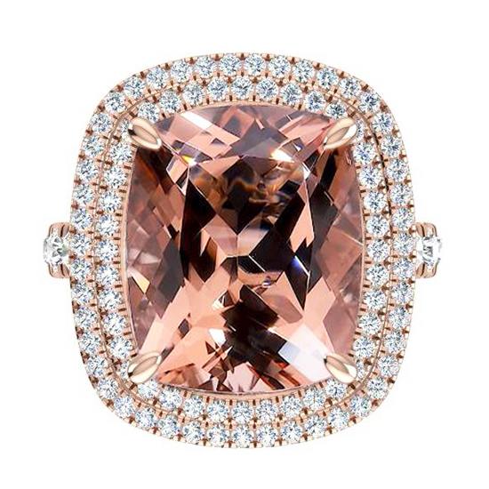 Bague Morganite Coussin Pêche Avec Diamants Or Rose Bijoux
