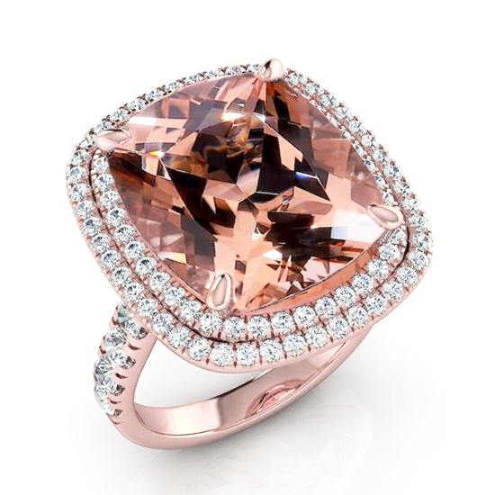 Bague Morganite Coussin Pêche Avec Diamants Or Rose Bijoux Femme