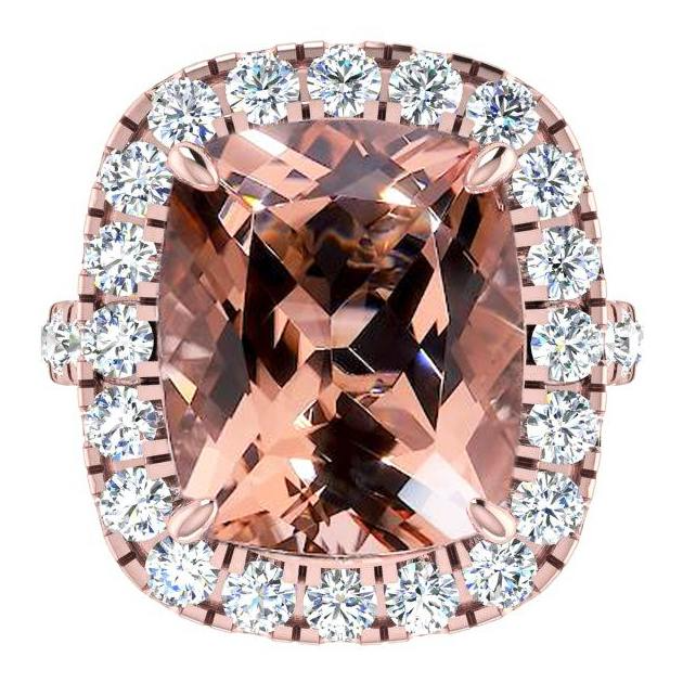Bague Morganite Gros Coussin 12,50 Cts Avec Diamants Or Rose 14K