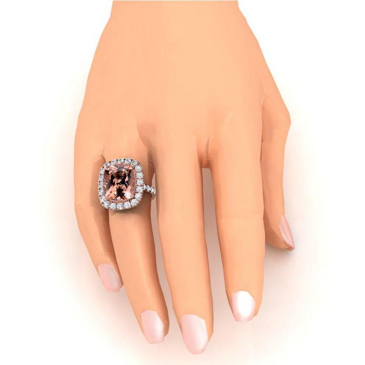 Bague Morganite Gros Coussin 12,50 Cts Avec Diamants Or Rose 14K