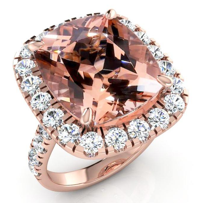 Bague Morganite Gros Coussin 12,50 Cts Avec Diamants Or Rose 14K