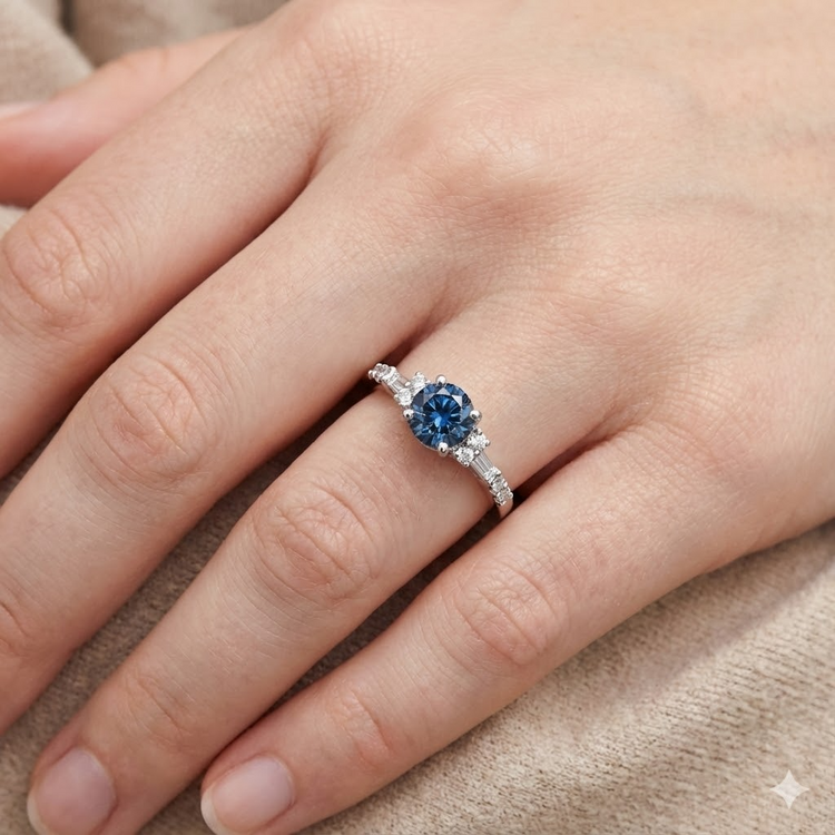 Bague de Fiançailles Or Blanc 1 Carat Diamants Blancs Bleus