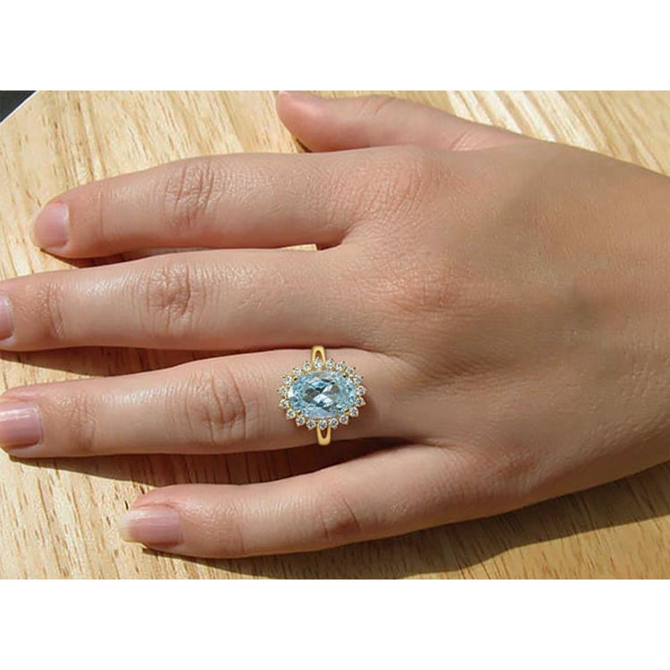 Bague de fiançailles en or blanc 14K avec aigue-marine et diamants 9 ct