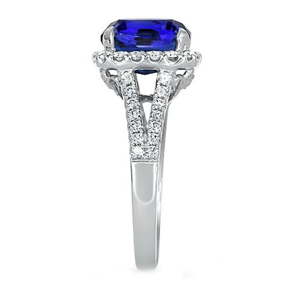 Bague diamant halo ovale saphir bleu tige fendue 5.50 carats bijoux