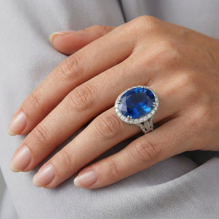 Bague de Fiançailles Saphir Halo 8 Carats Pour Femme