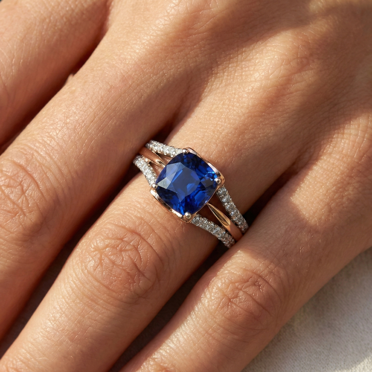 Bague de fiançailles diamant bicolore avec coussin saphir bleu 2.50 carats