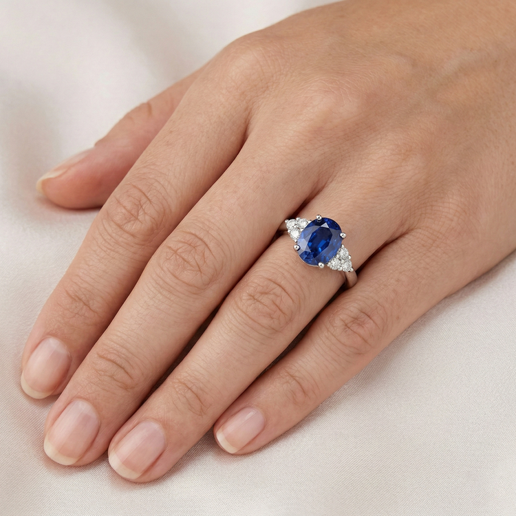 Bague de fiançailles en saphir de Ceylan taille ovale et diamants ronds 3.40 ct