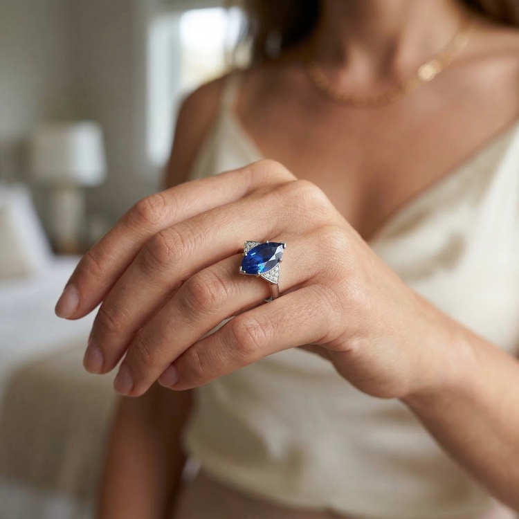 Bague de fiançailles saphir bleu marquise avec petits diamants 5.50 carats