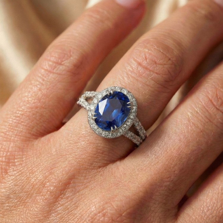 naturel oval saphir 5carats bague avec accents diamants