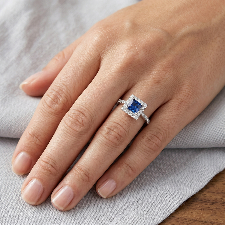 Bague diamant princesse saphir du Sri Lanka en or blanc 2.25 carats 14K