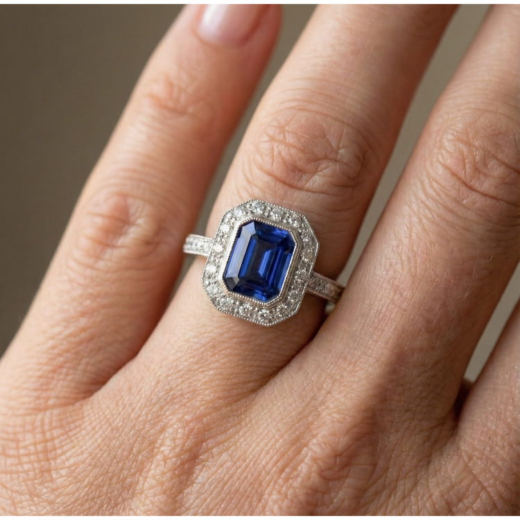 Bague en or halo émeraude en forme de saphir du Sri Lanka avec diamants 3.50 carats