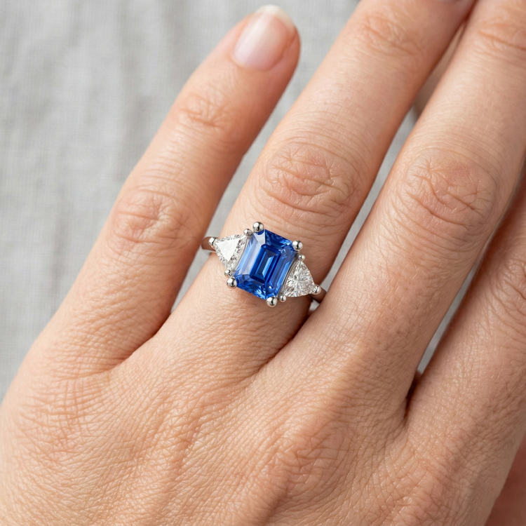 Bague en saphir de Ceylan radieux à trois pierres trillion de diamants 2.50 carats