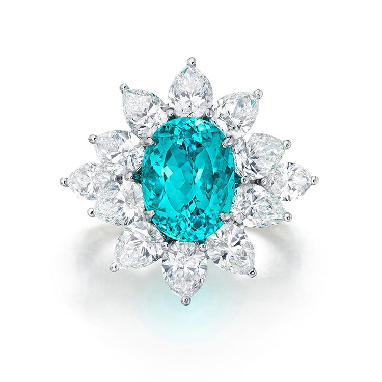 Bague en tourmaline Paraiba 5 carats avec halo en forme de poire