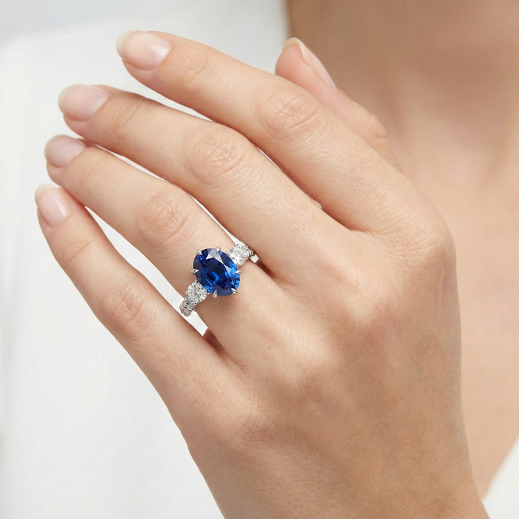 Bague or anniversaire solitaire saphir bleu avec accents 4.50 carats