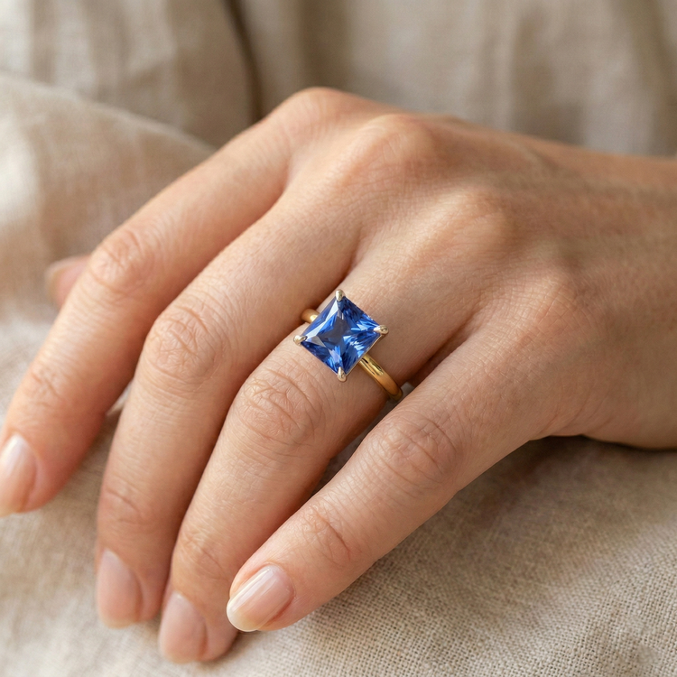 Bague saphir bleu solitaire à deux tons. tige conique 1.50 carats