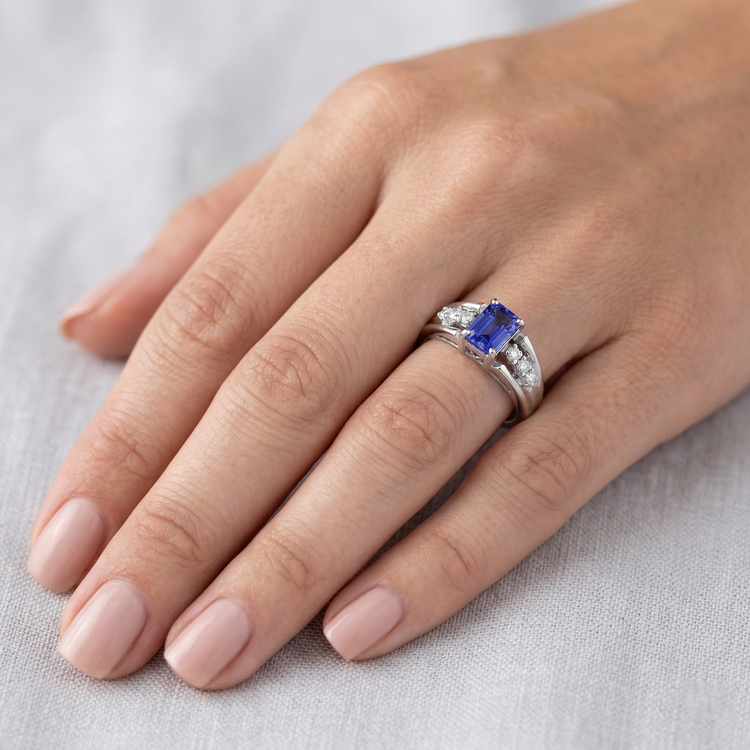 Bague saphir de Ceylan taille émeraude avec diamants ronds 1.30 ct