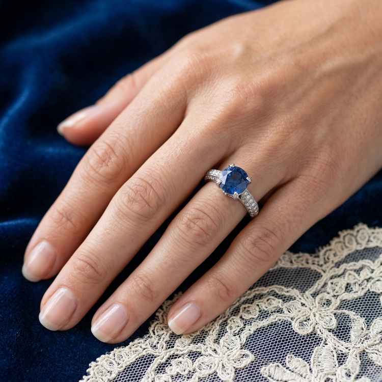 Bague saphir du Sri Lanka avec diamants Coupe Ronde 4.50 ct