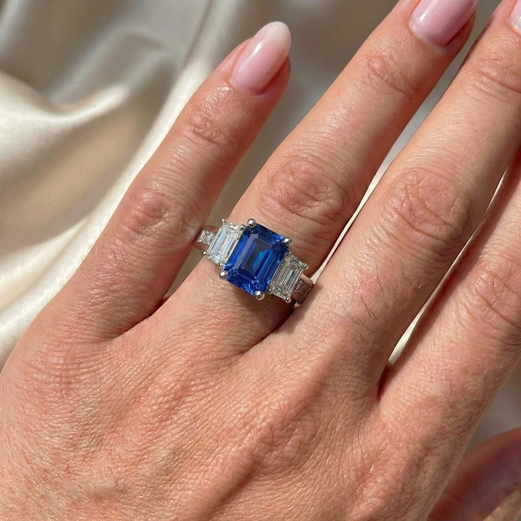 Bague saphir radiant diamant princesse et émeraude 4 carats serti de chaîne