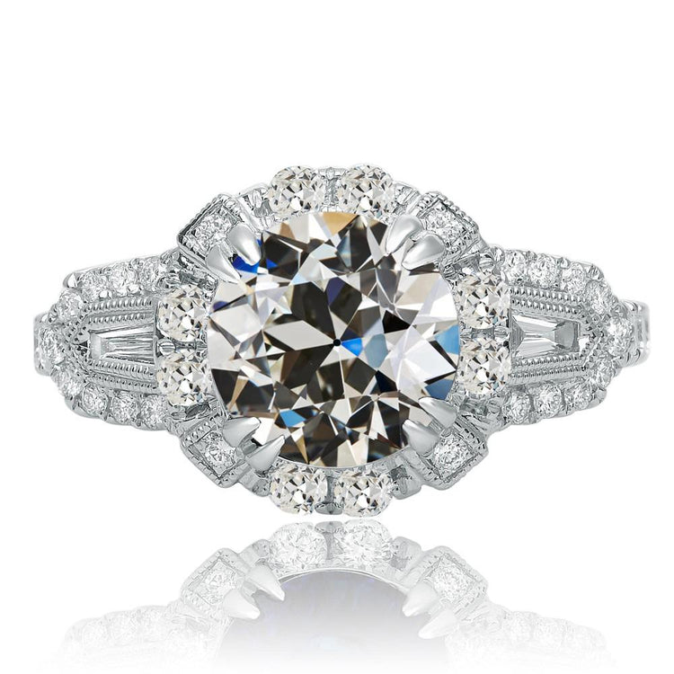 Baguette de style vintage et bague en Naturel diamant rond taille ancienne sertie de griffes 8 carats