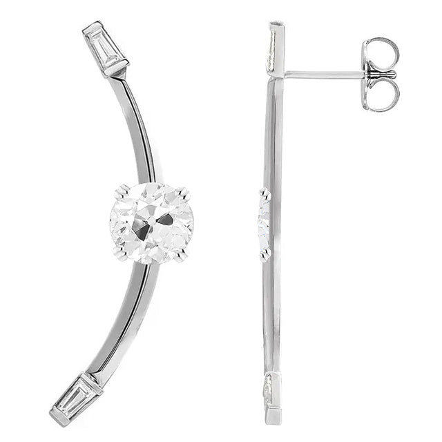 Boucles d'oreilles pendantes en Or Blanc, diamants naturels baguette et coussin Vieux Mineur 5 carats
