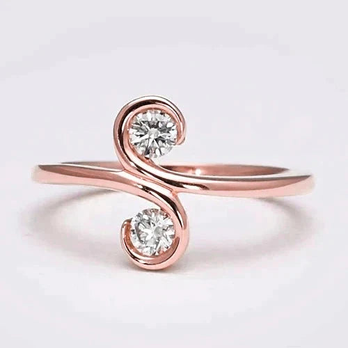 Bijoux Art Nouveau Nouveau Bague Femme Réel Diamant Deux Pierres Style S Or Rose