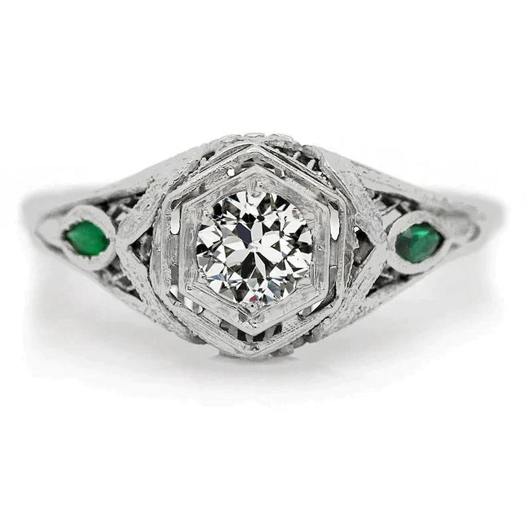 Bijoux Personnalisés Bague 3 Pierres Emeraude & Véritable Diamant Taille Ancienne