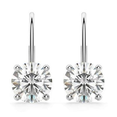 Boucle D'Oreille Leverback Réel Diamant Solitaire Rond 2 Carats Or Blanc 14K