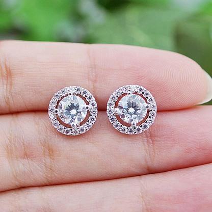Boucle D'oreille En Or Blanc 14k Avec Réel Diamants Ronds Et Halo 2 Carats