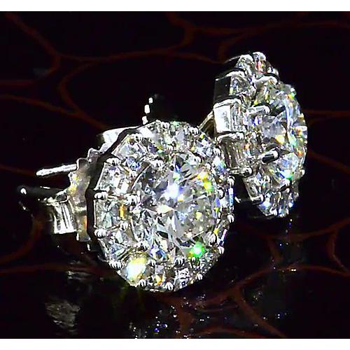 Boucle d'oreille Naturel diamant rond style halo or blanc 14K