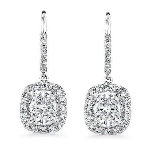 Boucles D'Oreilles Coussin & Naturel Diamants Ronds 5 Carats Or Blanc 14K
