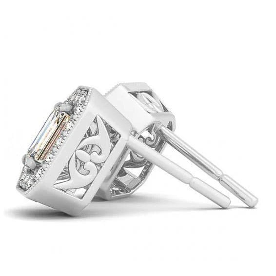 Boucles D'Oreilles En Or Blanc 14K Avec Emeraude Et Réel Diamants Ronds 2 Carats Halo