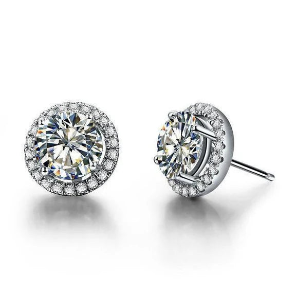 Boucles D'Oreilles Réel Diamant Rond Halo Pour Femmes En Or Blanc Massif 14K 1.94 Carats