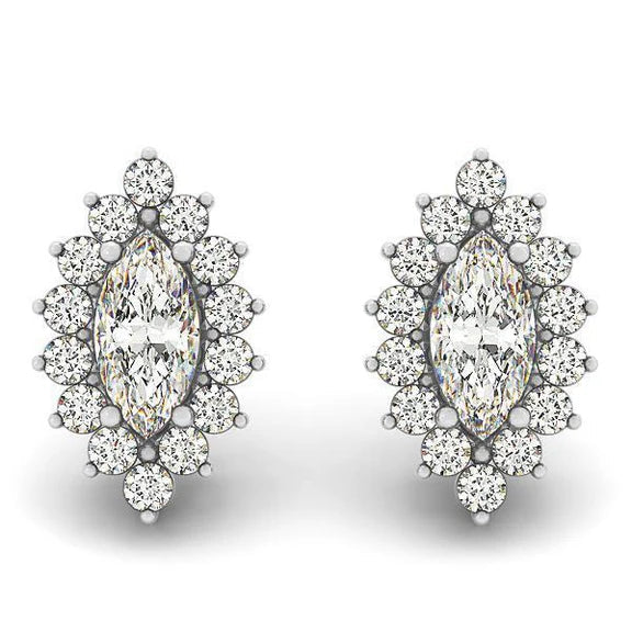 Boucles D'Oreilles Réel Diamants Coupe Ronde Et Marquise 4.20 Carats Halo WG 14K
