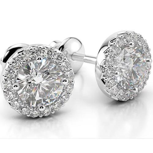 Boucles D'oreilles Authentique Diamants Halo 4 Carats Or Blanc 14K Bijoux