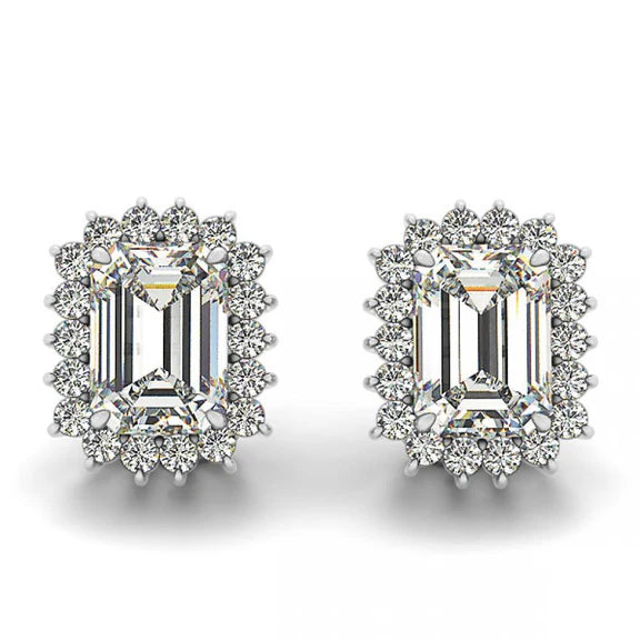 Boucles D'oreilles Clous D'oreilles Réel Diamant Emeraude Halo Sertie 3 Carats Or Blanc