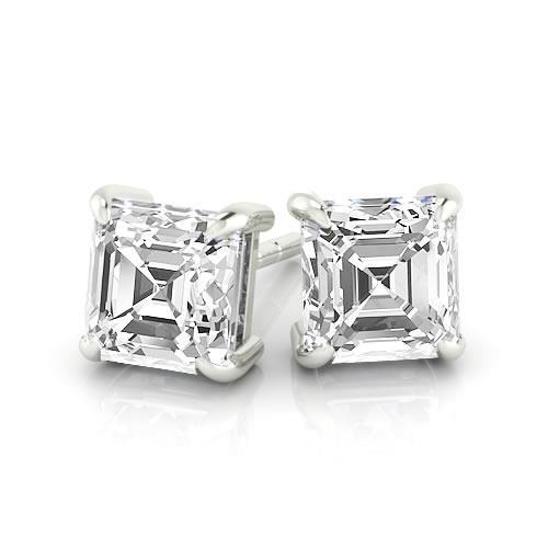 Boucles D'oreilles Clous Naturel Diamants Taille Asscher 2.50 Carats Or Blanc
