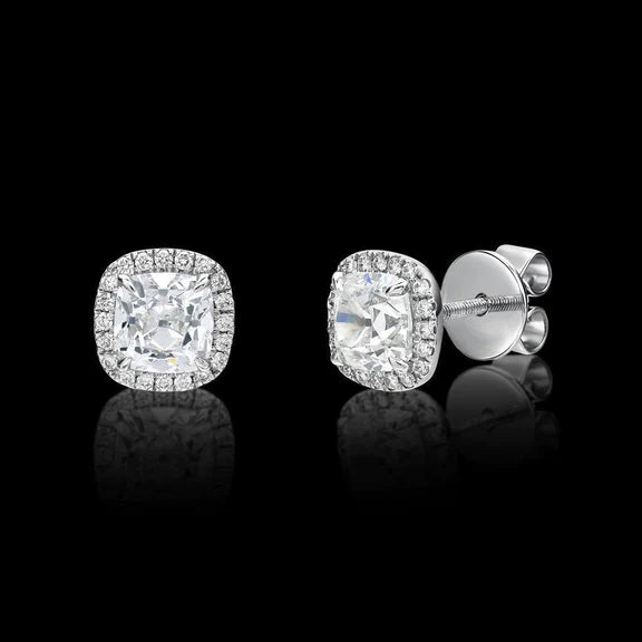 Boucles D'oreilles Halo Avec Réel Diamants Taillés A L'ancienne De 2.4 Cts En Or Blanc 14K