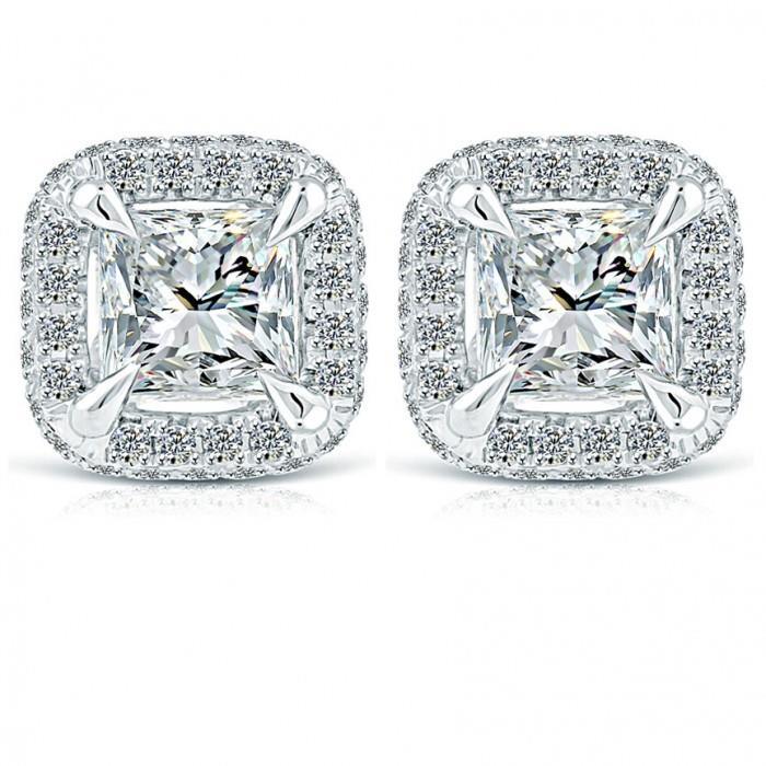 Boucles D'oreilles Halo Princesse Et Rond 4.00 Carats Véritable Diamants Clous Or Blanc
