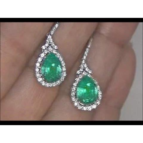 Boucles D'oreilles Pendantes 6 Carats Emeraude Vert Et Diamants Or Blanc 14K