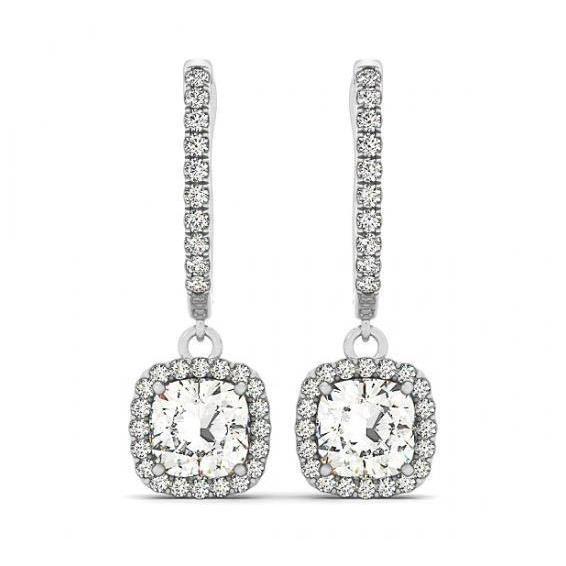 Boucles D'oreilles Pendantes Coussin Scintillant 2.50 Carats Et Réel Diamants Ronds