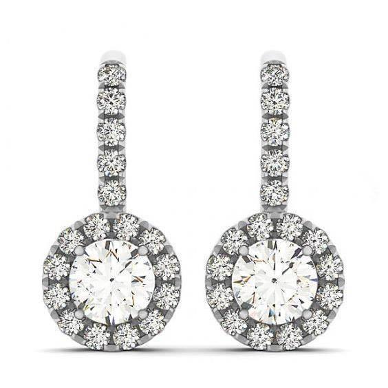 Boucles D'oreilles Pendantes Halo Réel Diamants Ronds 2.50 Carats Or Blanc 14K