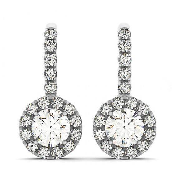 Boucles D'oreilles Pendantes Halo Réel Diamants Ronds 2.50 Carats Or Blanc