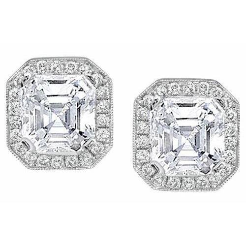 Boucles D'oreilles Réel Diamant Asscher 4 Carats Et Halo Rond En Or Blanc 14K