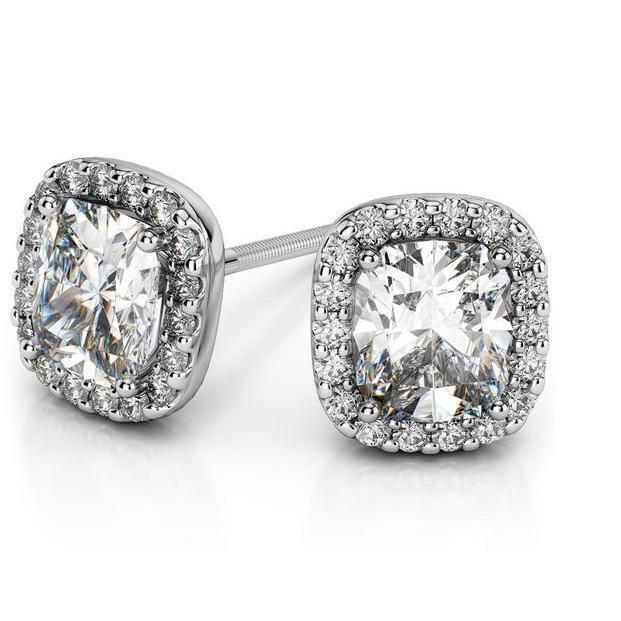 Boucles D'oreilles Scintillantes En Forme De Coussin Et De Coupe Ronde 3.36 Carats Avec Naturel Diamants Et Halo