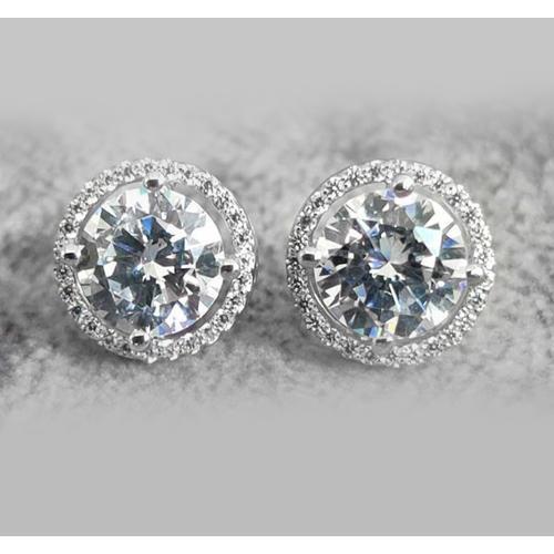 Boucles D'oreilles Tige Halo Véritable Diamants Ronds 3.56 Carats Or Blanc 14K