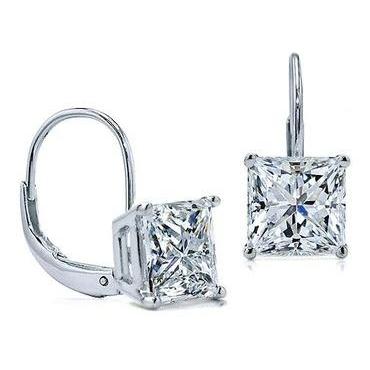 Boucles D'oreilles Véritable Diamant Taille Princesse 2 Carats D Vvs1 Leverback Eurowire 14K Or Blanc